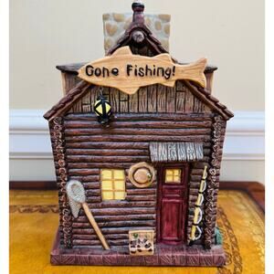 GONE FISHING Ceramic Log Cabin Tissue Paper Holder Rustic Fisherman Rare
